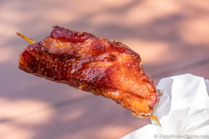 review candied bacon chicken skewers liberty square market Disneys magic kingdom