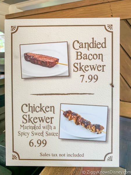 review candied bacon chicken skewers liberty square market Disneys magic kingdom