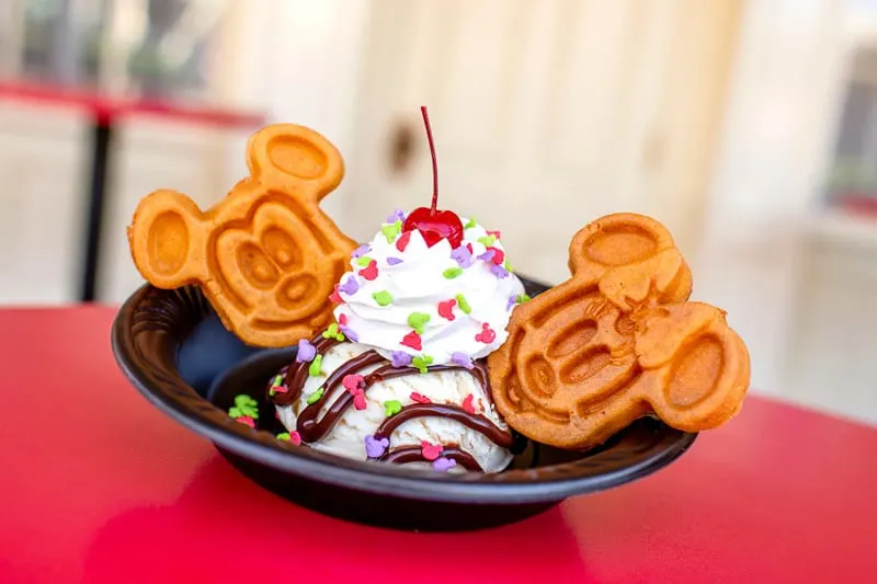 Magic Kingdom Character Themed Treats Mickey and Minnie Waffle Ice Cream Sundae