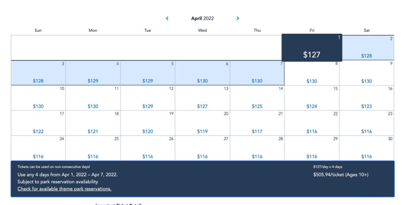 Disney World 4-Day ticket price calendar April 2022