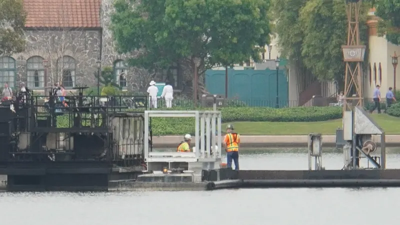 Illuminations replacement Epcot Forever construction update March 2019 workers in World Showcase Lagoon