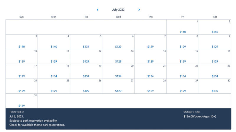 Disney World ticket price calendar July 2022