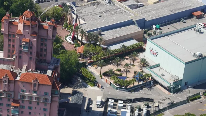 Lightning McQueen's Racing Academy Construction Update March 2019 aerial above attraction building