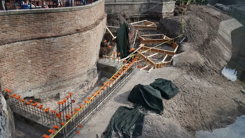 close look at foundations for Cinderella Castle Pathway widening Magic Kingdom 