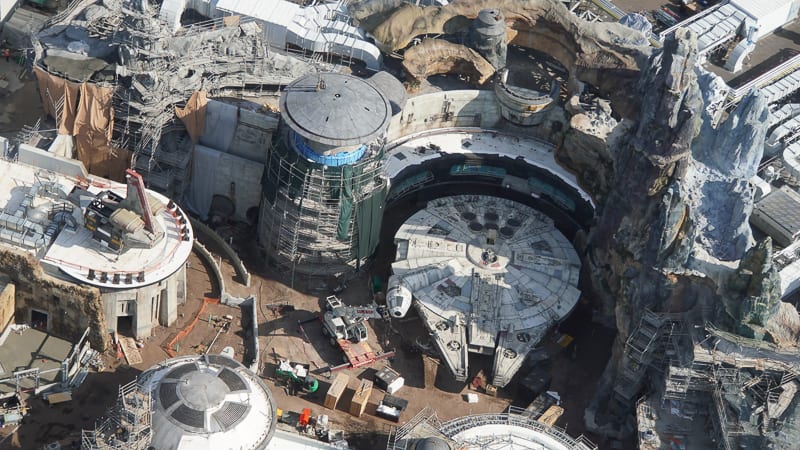 Star Wars Galaxy's Edge construction update March 2019 Millennium Falcon Finished