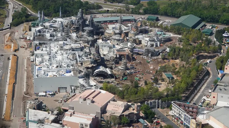 Star Wars Galaxy's Edge Construction Update March aerial from Grand Avenue side