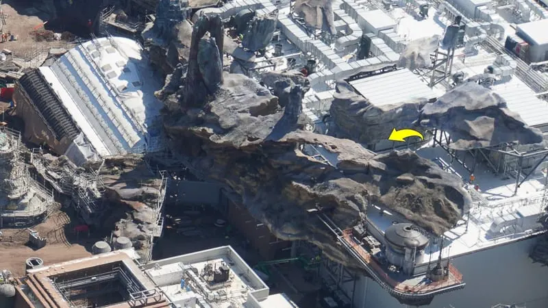 Star Wars Galaxy's Edge Construction Update March rock work on top of rise of the resistance