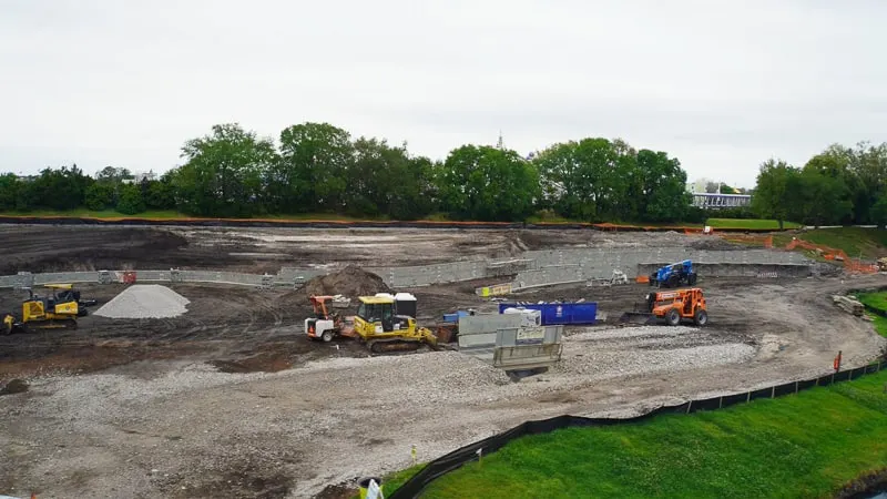 Tron Roller Coaster Construction Update March 2019 retention pond walls