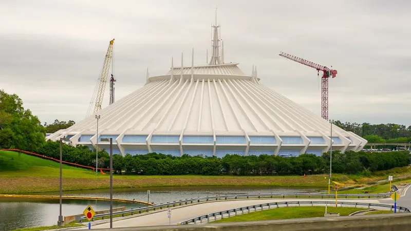 Tron Roller Coaster Construction Update March 2019 two construction cranes and Space Mountain