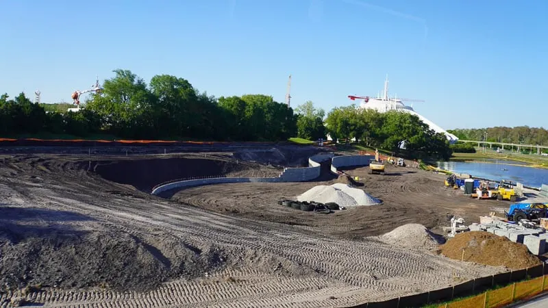 TRON Roller Coaster Construction Update March 2019 wide view of berm wall