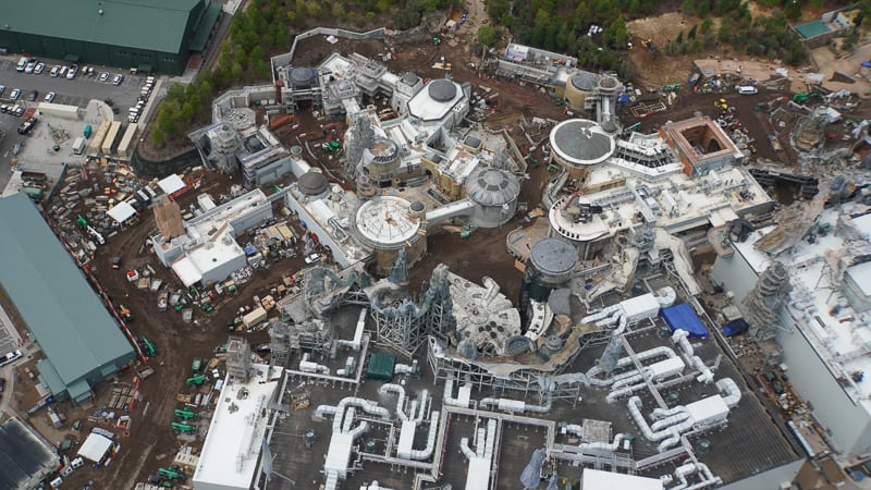 Star Wars Galaxy's Edge Construction Update April 2019 behind Millennium Falcon