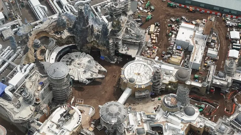 Star Wars Galaxy's Edge Construction Update April 2019 high above the Millennium Falcon