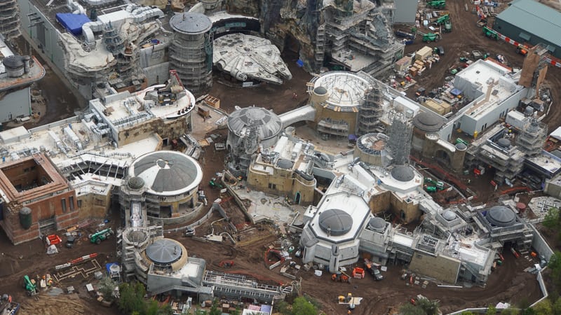 Star Wars Galaxy's Edge Construction Update April 2019 overview near Millennium Falcon