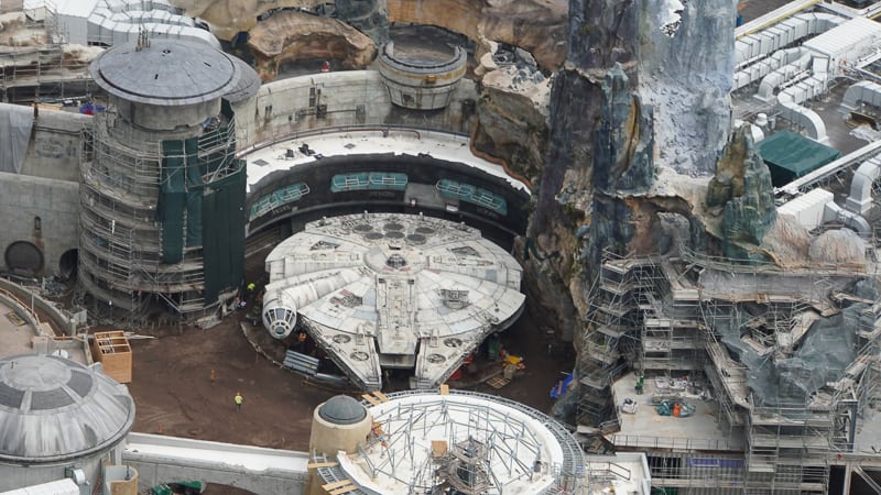 Star Wars Galaxy's Edge Construction Update April 2019 close up of Millennium Falcon