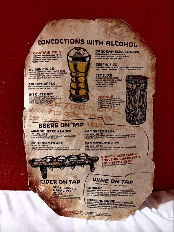 Oga's Cantina full menu at Star Wars land: Alcoholic drinks come