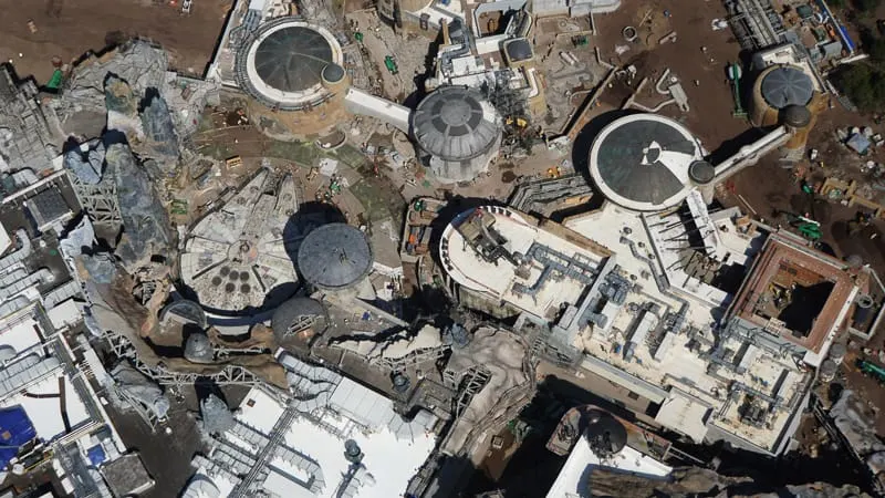 Star Wars Galaxy's Edge Construction Updates May 2019 Millennium Falcon aerial