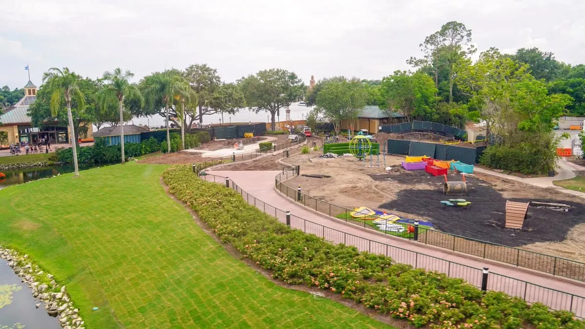 aerial of Epcot pathway to Imagination Pavilion widened