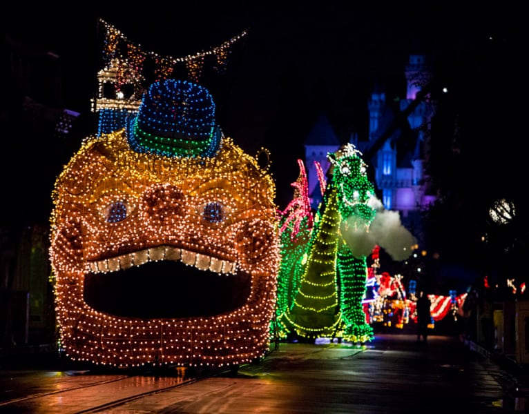 view from the front of the Main Street Electrical Parade in Disneyland Park