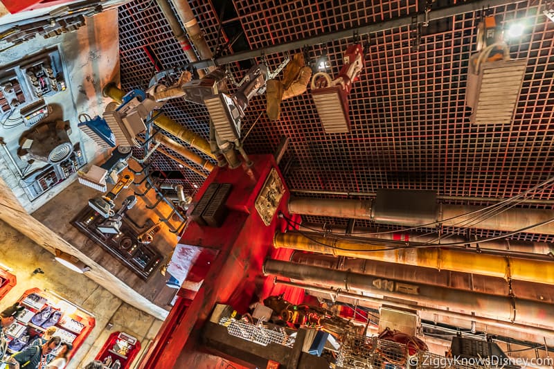 droids on ceiling in Star Wars Galaxy's Edge Disneyland 