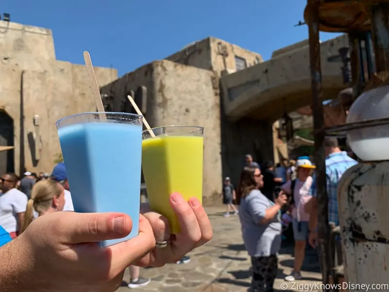 walking with green and blue milk in Galaxy's Edge