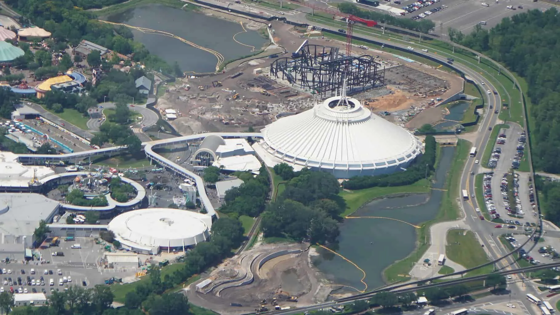 aerial photo of Space Mountain and TRON coaster July 2019