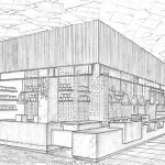 Black and white sketch concept art of Swan lobby.