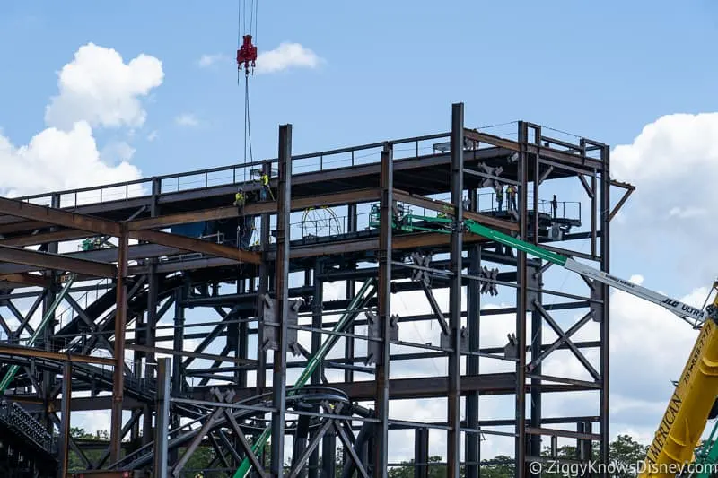 workers up on TRON Lightcycles Run roller coaster update august 2019