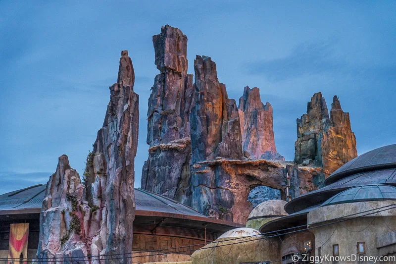group of spires in Star Wars Galaxy's Edge at sunset