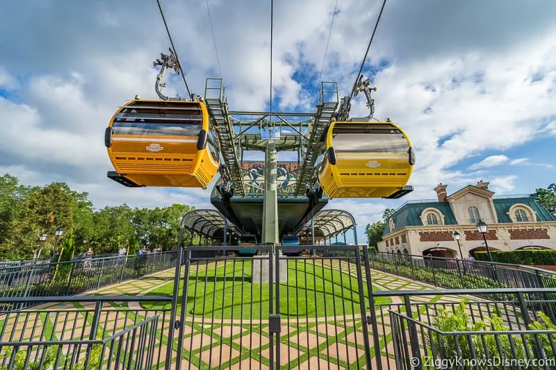 Disney Skyliner Gondola Epcot Station gondola cars going by