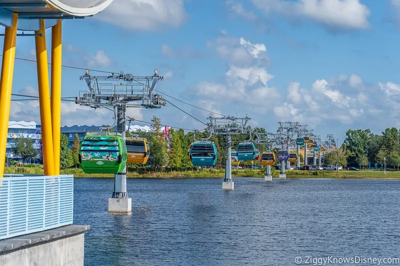 Lots of Disney Skyliner Gondolas over water at Pop Century Art of Animation