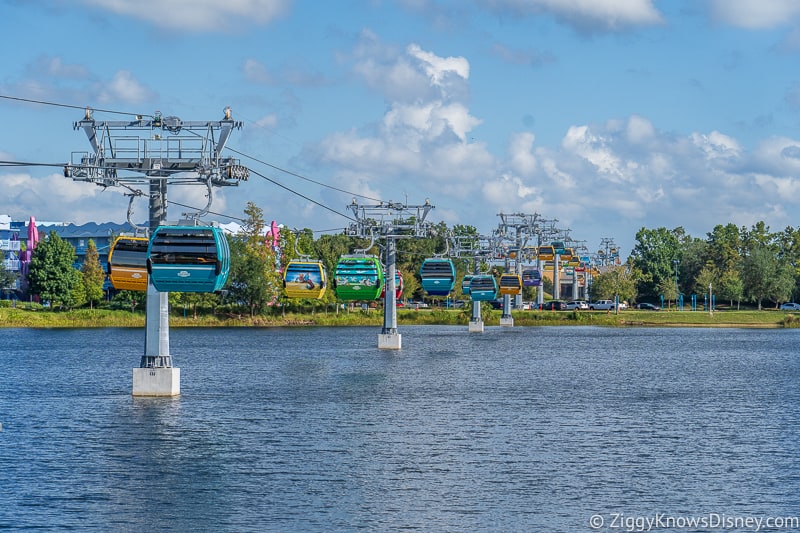 Line of Disney Skyliner Gondolas going to Pop Century Art of Animation