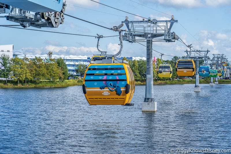 Gondolas over water at Disney Skyliner Gondola Stations Pop Century Art of Animation