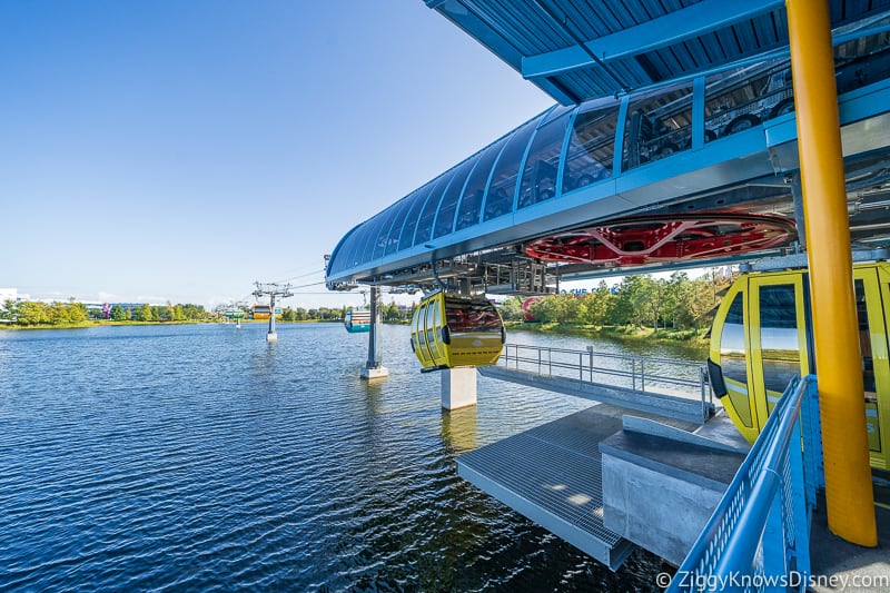 Disney Skyliner Gondolas coming in to the Station Pop Century Art of Animation