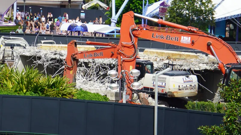 bulldozer demolishing Fountain of Nations Epcot construction October 2019
