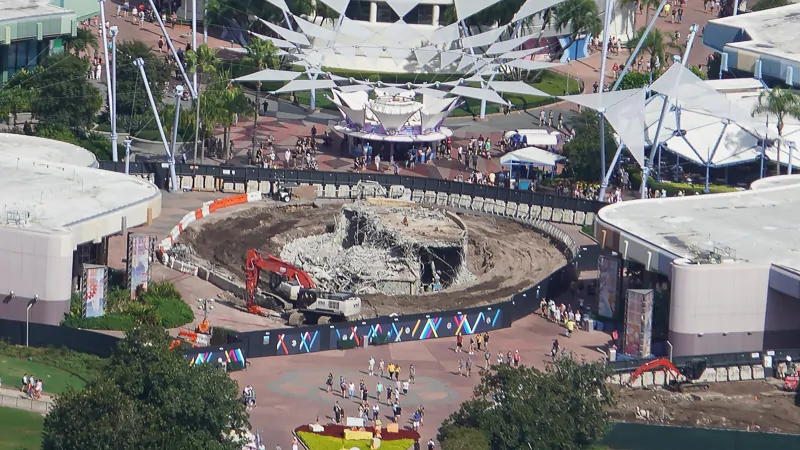 Aerial of Epcot Fountain of Nations demolition updates October 2019