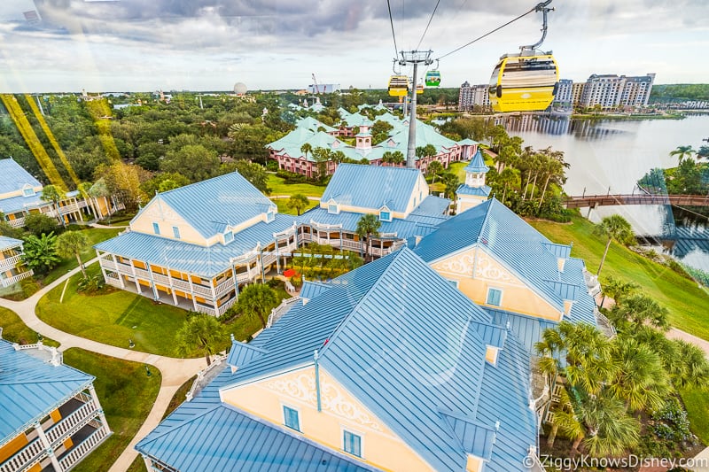 Inside the Disney Skyliner above Caribbean Beach