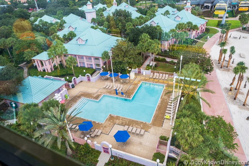 Inside the Disney Skyliner looking down on pool