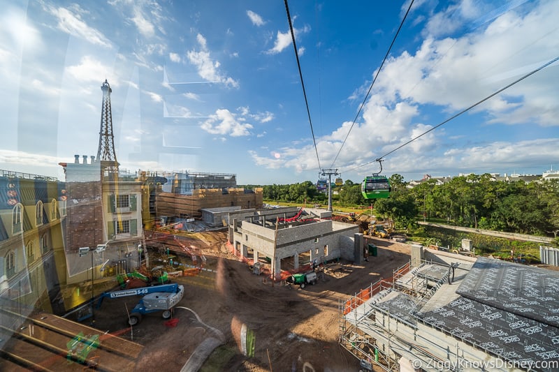 Inside the Disney Skyliner looking over Epcot France Expansion