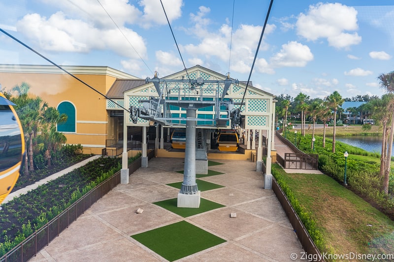 Inside the Disney Skyliner coming into Caribbean Beach station