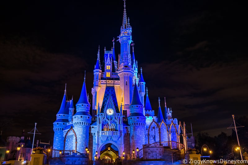 Cinderella Castle at night in Disney's Magic Kingdom