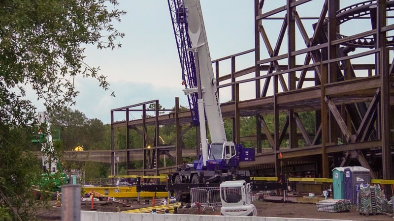 crane working on Tron Roller Coaster construction update October 2019