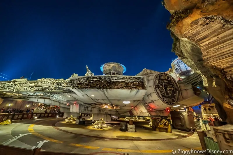behind Millennium Falcon at night Galaxy's Edge.  New at Disney World