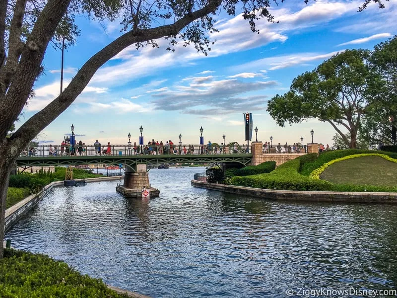 walking over the bridge to France in Epcot World Showcase lagoon