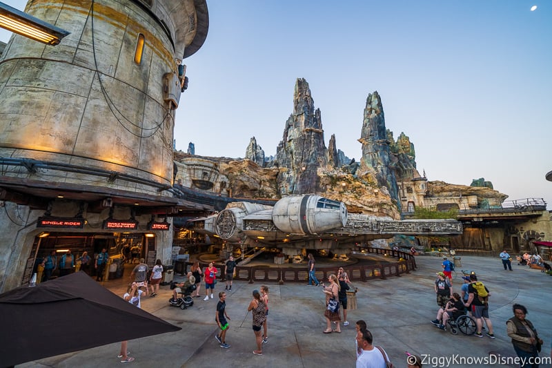 outside Millennium Falcon Smuggler's Run early morning Galaxy's Edge