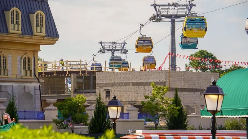 Disney Skyliner coming over the France pavilion construction Epcot November 2019