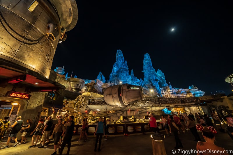 night outside Millennium Falcon Smuggler's Run attraction entrance