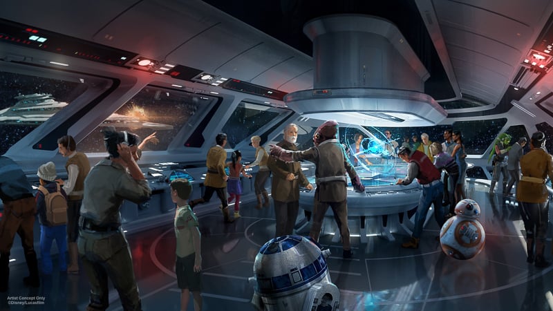 guests in the bridge on the Star Wars Galactic Starcruiser Hotel concept art
