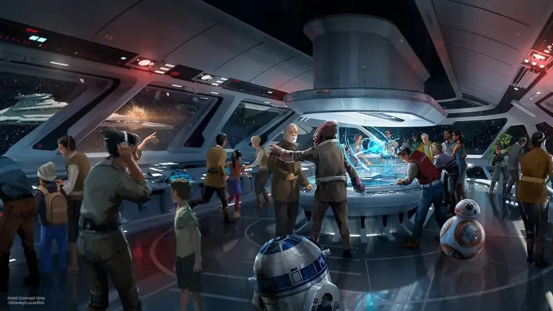 guests in the bridge on the Star Wars Galactic Starcruiser Hotel concept art