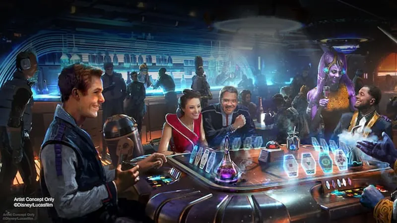 guests playing Sabacc on the Star Wars Galactic Starcruiser Hotel concept art