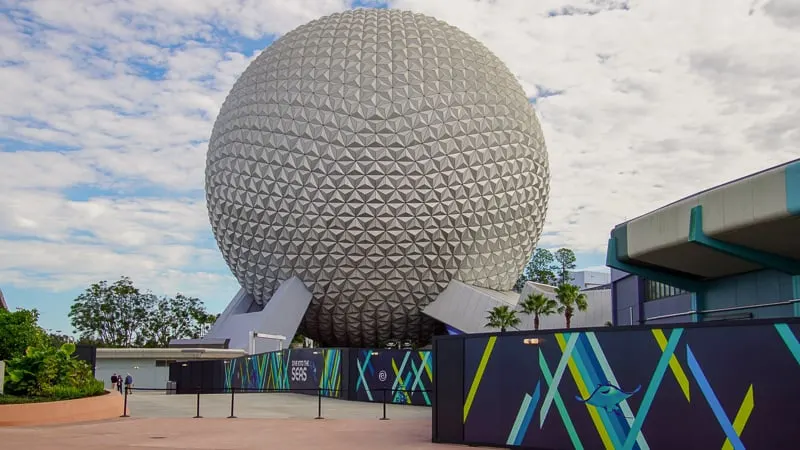 View of Spaceship Earth from New The Seas Walkway Epcot Future World Construction Updates December 2019